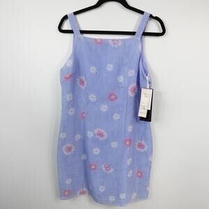 Vtg 90s Daisy Floral Square Neck Shift Mini Sun Dress Retro Summer Vacation